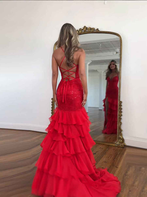Sparkly Mermaid Spaghetti Straps Lace Prom Dress with Ruffle Skirt BMBRIDE