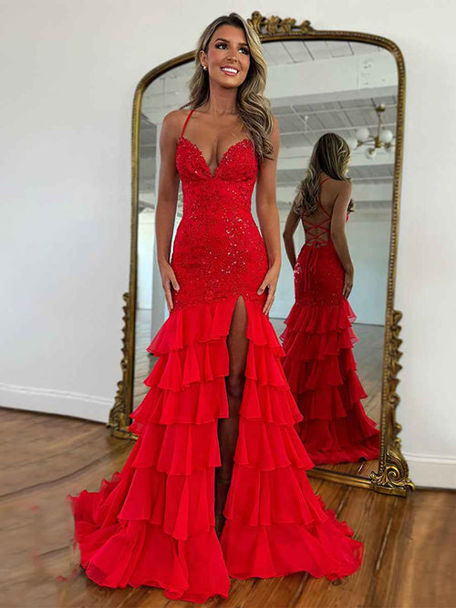Sparkly Mermaid Spaghetti Straps Lace Prom Dress with Ruffle Skirt BMBRIDE