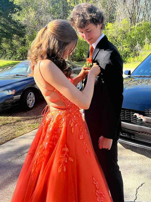 Sparkly Orange A-Line Corset Sweetheart Long Prom Dress with Appliques BMBRIDE