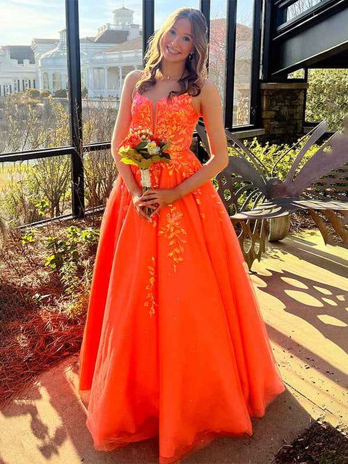Sparkly Orange A-Line Corset Sweetheart Long Prom Dress with Appliques BMBRIDE