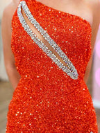 Sparkly Royal Blue One Shoulder Keyhole Long Prom Dress with Slit