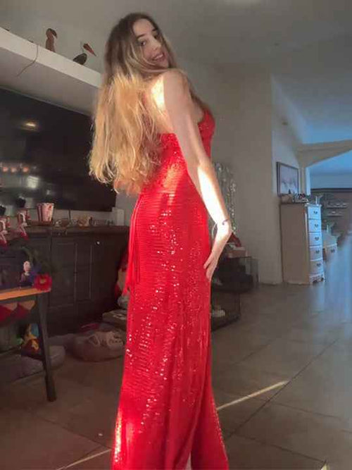 Sparkly Red Mermaid Spaghetti Straps Long Prom Dresses with Slit BMBRIDE