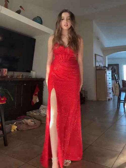 Sparkly Red Mermaid Spaghetti Straps Long Prom Dresses with Slit BMBRIDE