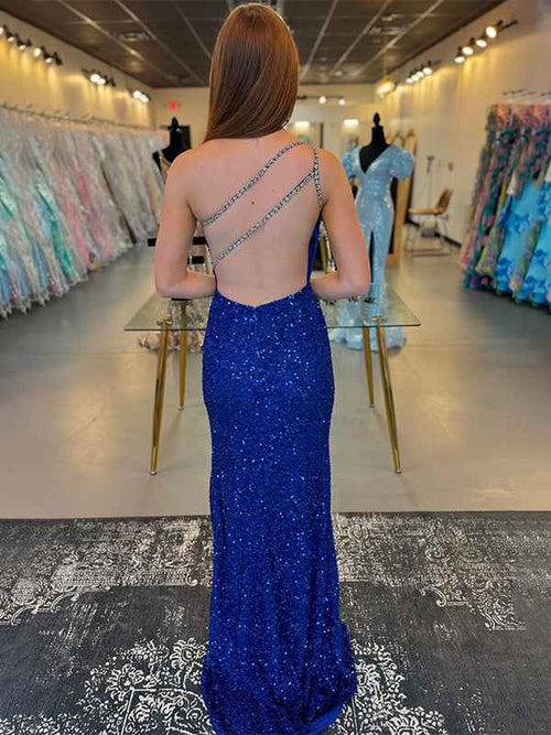 Sparkly Royal Blue One Shoulder Keyhole Long Prom Dress with Slit BMBRIDE