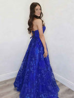 Sparkly Strapless Floral Long Prom Dress with Lace-Up Back
