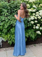 Blue A Line V-neck Beaded Back Tie Long Prom Dress