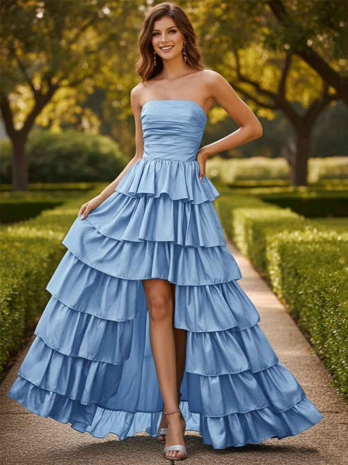 Strapless A Line Satin Tiered Long Prom Dress with Slit BMBRIDE