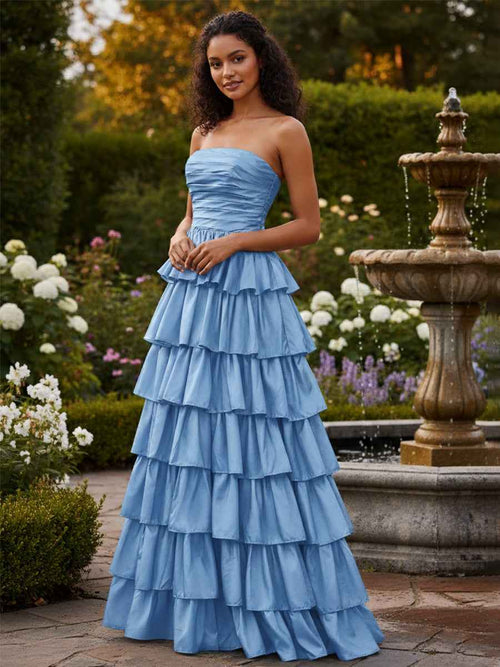 Strapless A Line Satin Tiered Long Prom Dress with Slit BMBRIDE