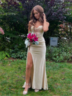 Strapless Beaded Corset Bodice Long Prom Dress with Slit