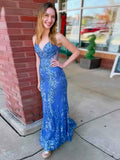 Strapless Blue Sequin V Neck Long Prom Dress