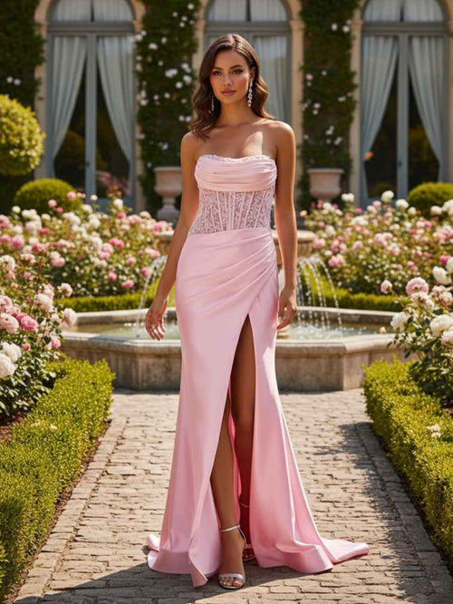 Strapless Bodycon Scoop Neck Satin Long Prom Dress with Slit BMBRIDE