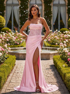 Strapless Bodycon Scoop Neck Satin Long Prom Dress with Slit