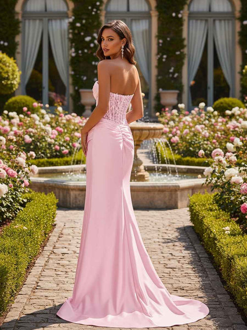 Strapless Bodycon Scoop Neck Satin Long Prom Dress with Slit BMBRIDE