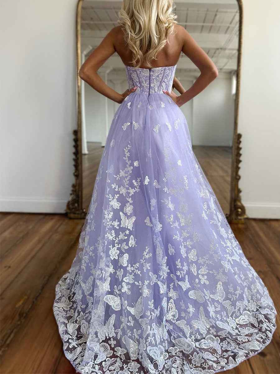 Strapless Corset Bodice Prom Dress with Butterfly Lace Appliqu¡§|