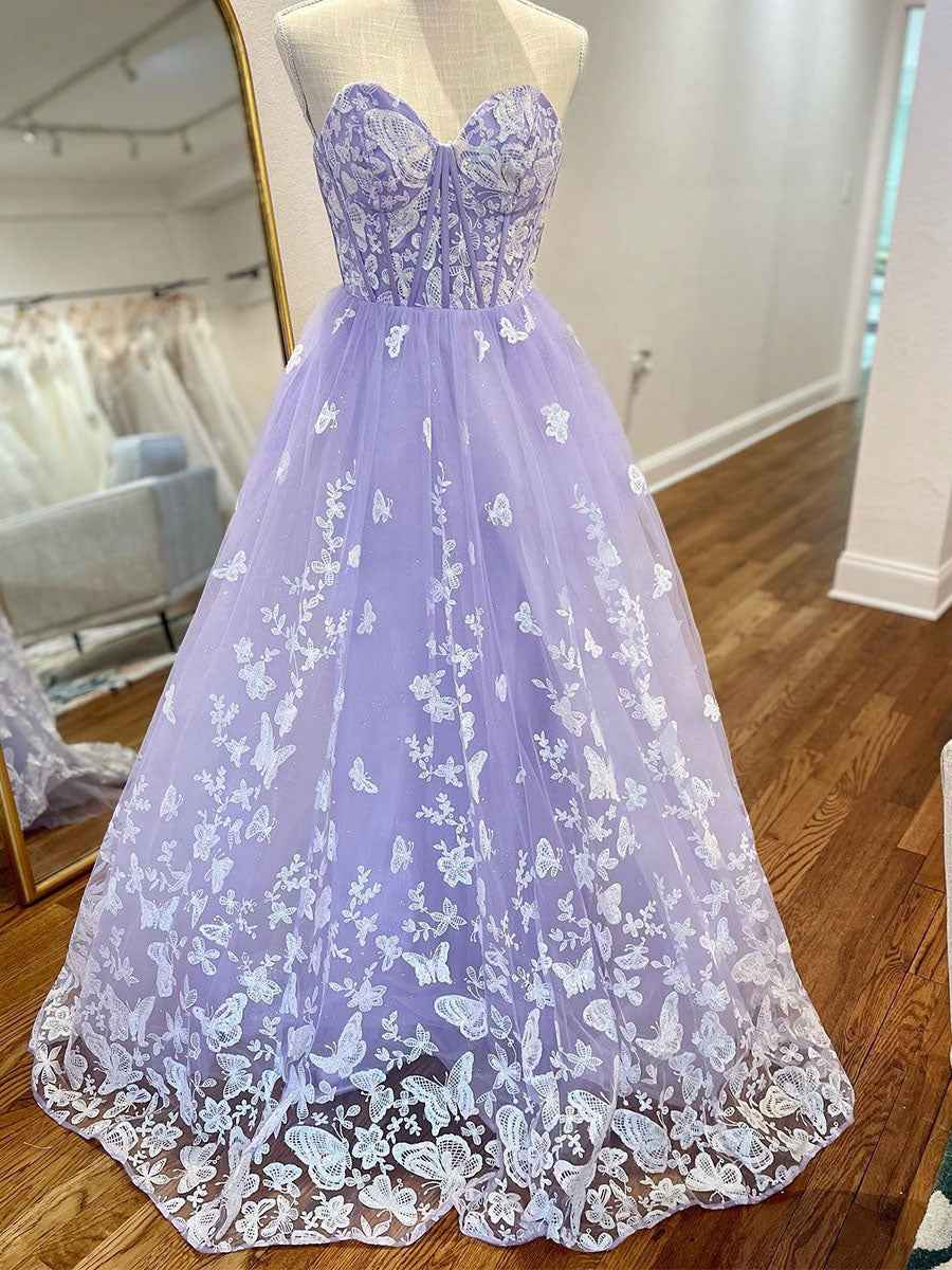 Strapless Corset Bodice Prom Dress with Butterfly Lace Appliqu¡§|