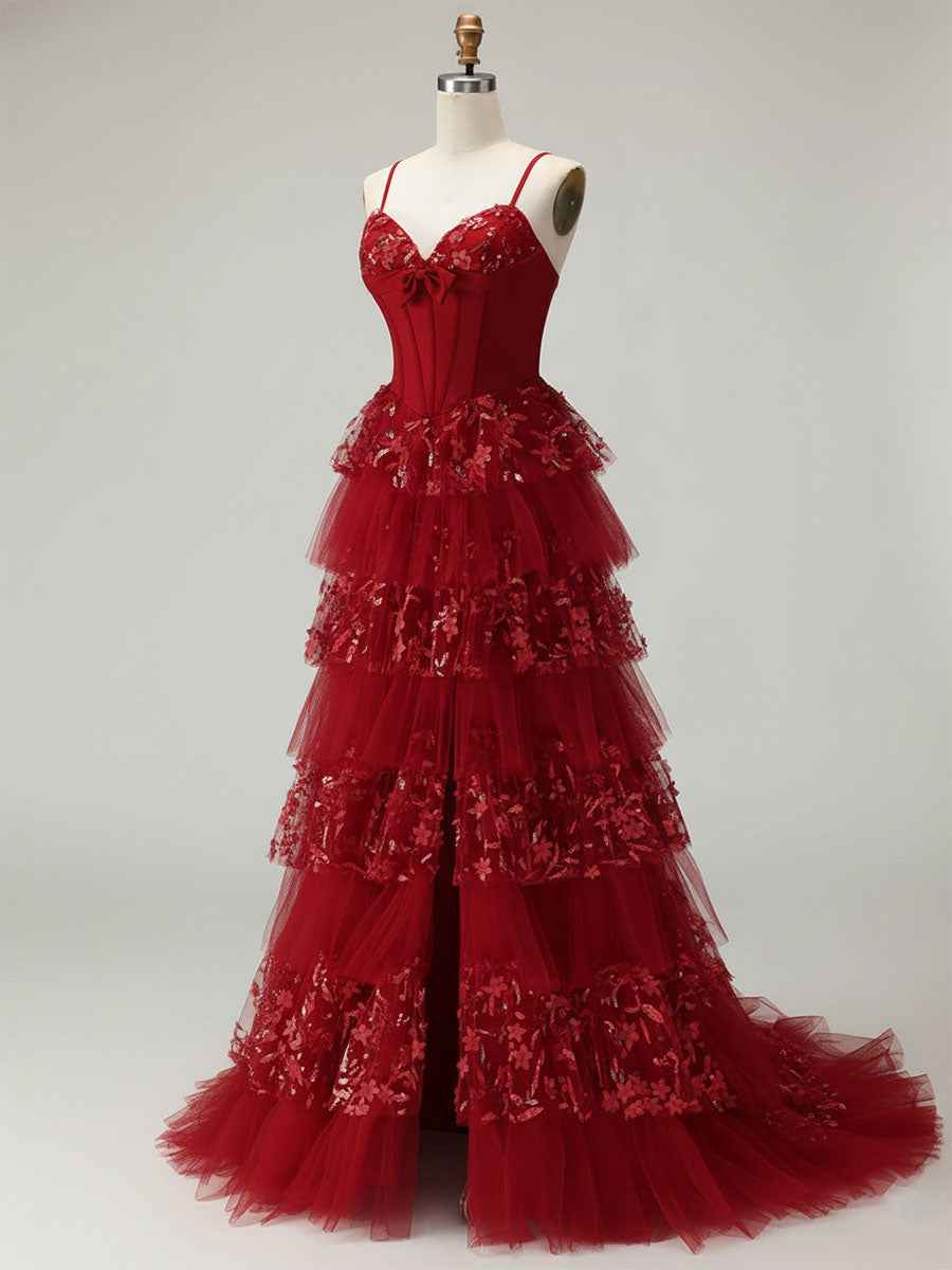 Corset Bodice Tiered Long Prom Dress with 3D Floral Appliqu¡§|s