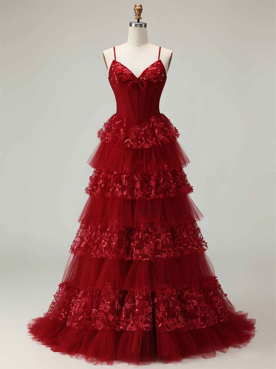 Red Corset Bodice Tiered Long Prom Dress with 3D Floral Appliqu¡§|s
