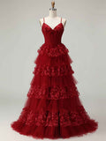 Corset Bodice Tiered Long Prom Dress with 3D Floral Appliqu¡§|s
