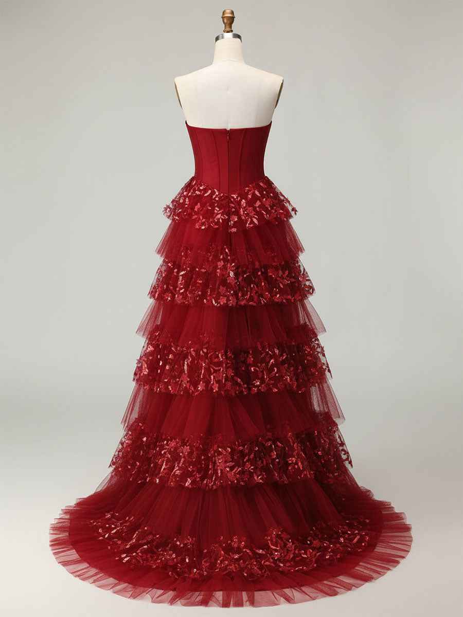 Red Corset Bodice Tiered Long Prom Dress with 3D Floral Appliqu¡§|s
