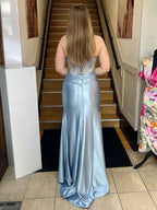 Strapless Corset Satin Long Prom Dress with High Slit