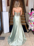 Strapless Corset Satin Long Prom Dress with High Slit