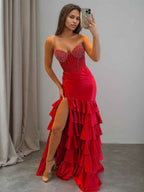 Strapless Crystal Ruffle Mermaid Long Prom Dress