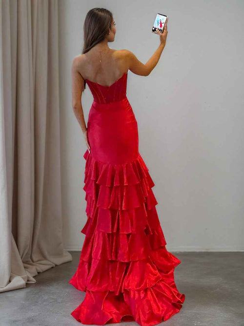 Strapless Crystal Ruffle Mermaid Long Prom Dress BMBRIDE