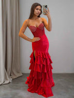 Strapless Crystal Ruffle Mermaid Long Prom Dress