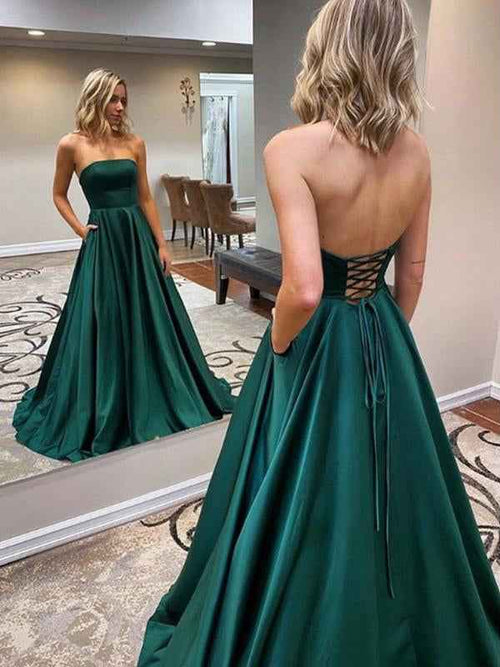 Green A Line Strapless Satin Long Prom Dress BMBRIDE