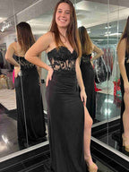 Strapless Floral Mermaid Satin Long Prom Dress with Slit