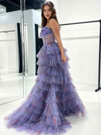 Strapless Floral Print Tiered Ruffles Corset Prom Dress with Slit