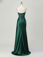 Strapless Illusion Bodice Prom Dress with Satin Skirt