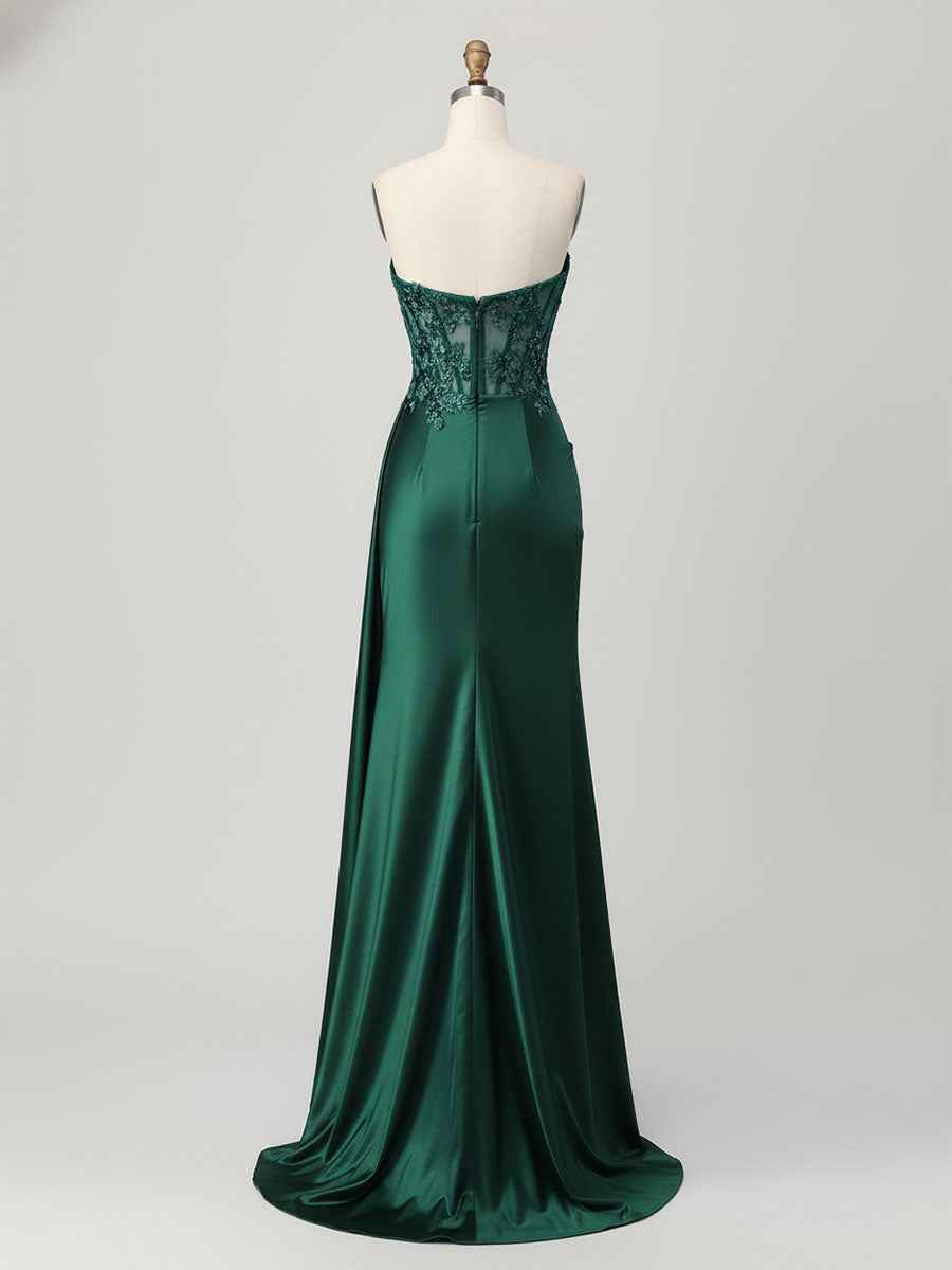 Strapless Illusion Bodice Prom Dress with Satin Skirt