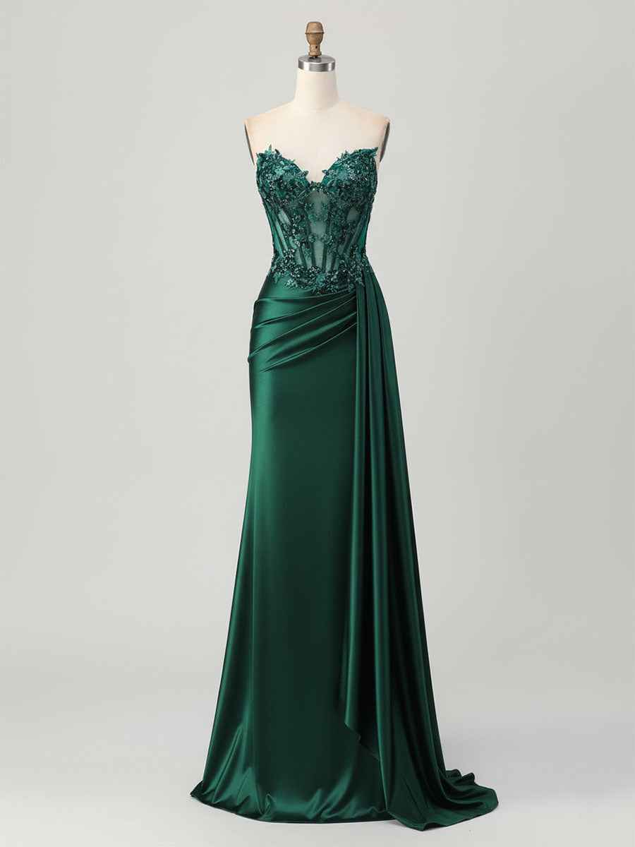 Strapless Illusion Bodice Prom Dress with Satin Skirt