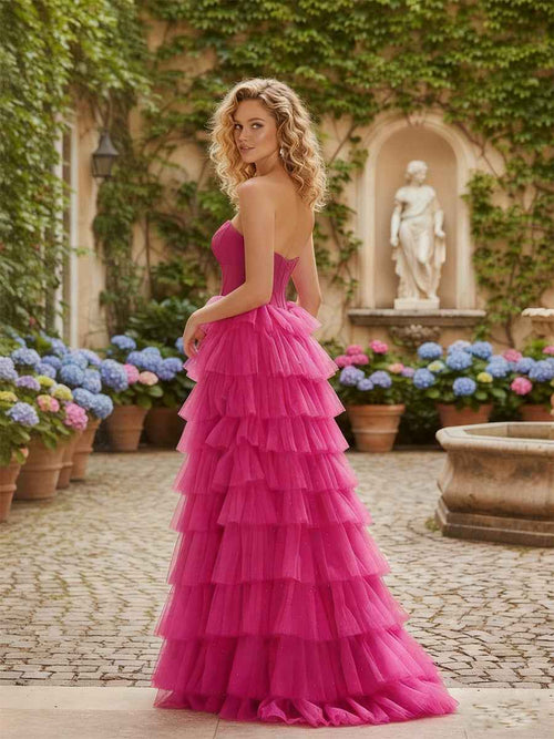 Strapless Keyhole Tiered Corset Glitter Prom Dress with Slit BMBRIDE