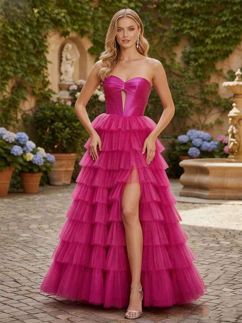 Strapless Keyhole Tiered Corset Glitter Prom Dress with Slit BMBRIDE
