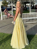 Strapless Lace Applique A-Line Empire-Waist Tulle Prom Dress
