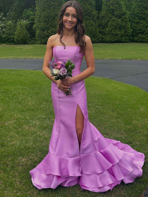 Strapless Mermaid Ruffle Long Prom Dress with Slit BMBRIDE