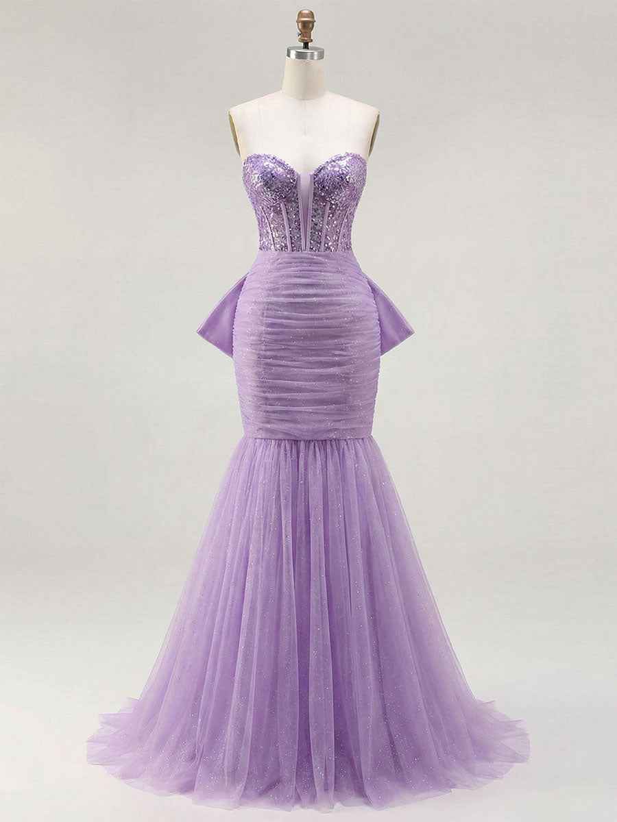 Strapless Mermaid Sequin Corset Ruched Long Prom Dress