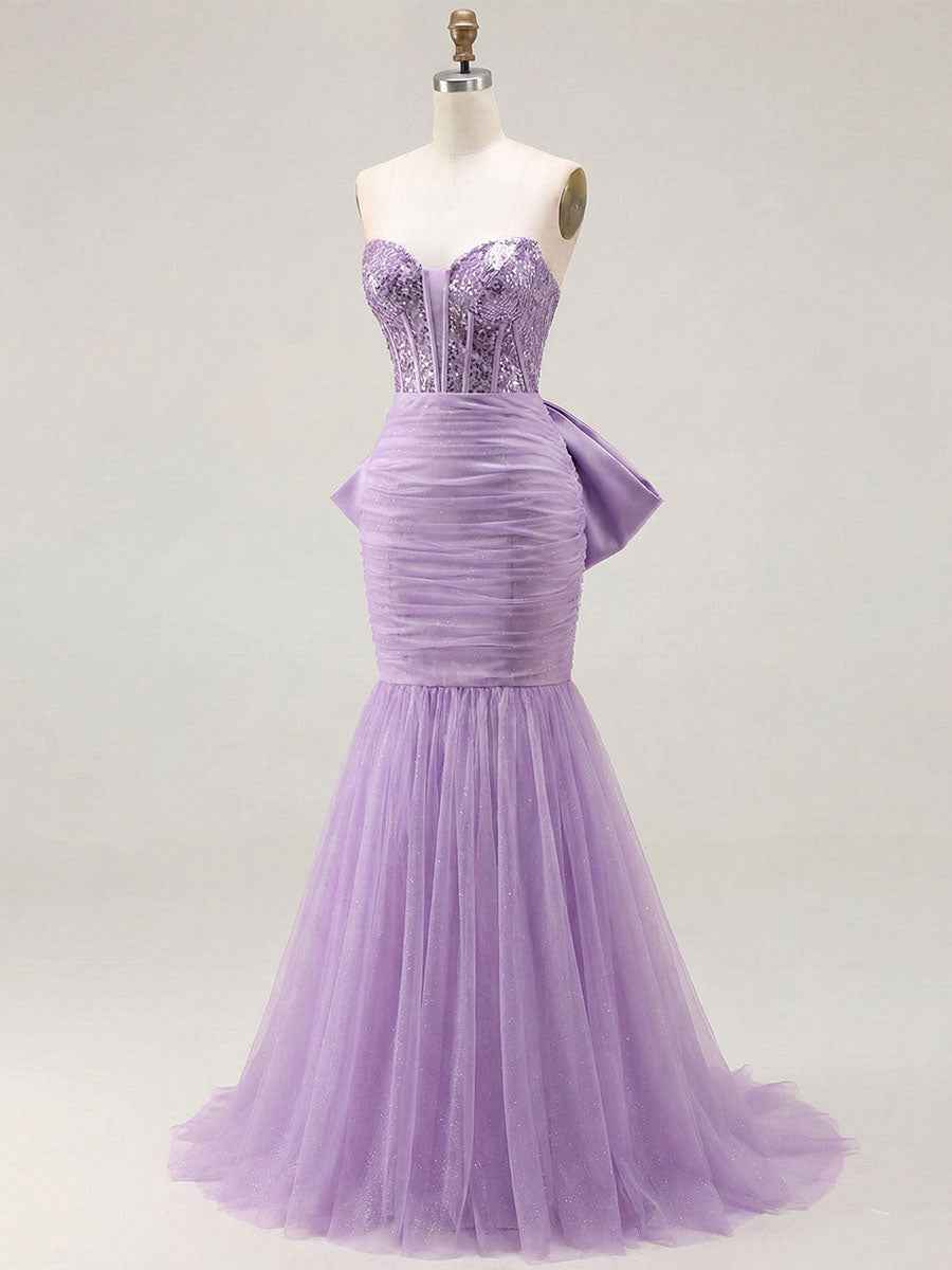 Strapless Mermaid Sequin Corset Ruched Long Prom Dress