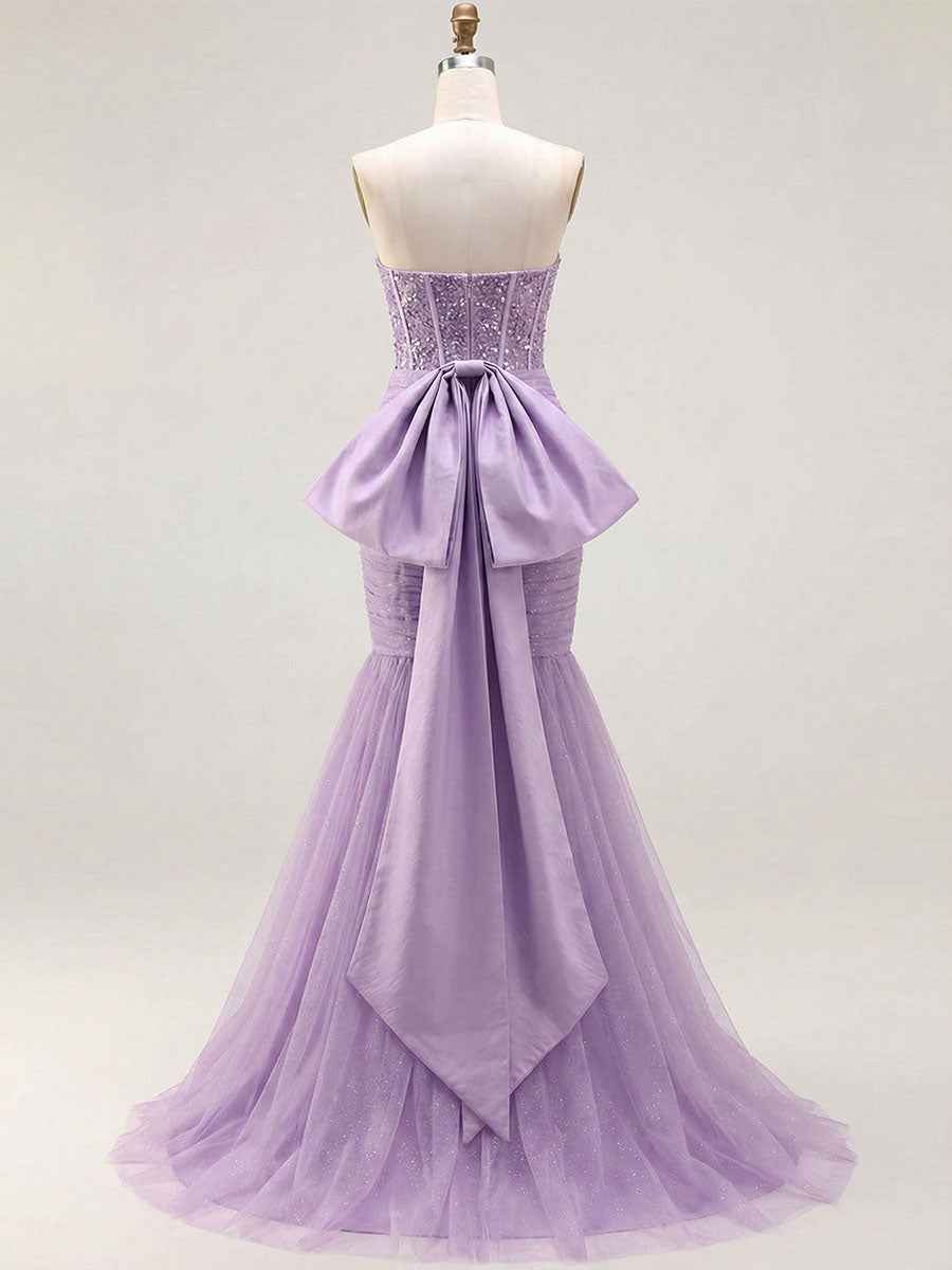 Red Strapless Mermaid Sequin Corset Ruched Long Prom Dress