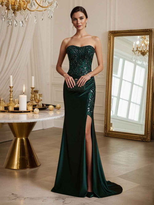 Strapless Mermaid Sequin Long Prom Dress with Slit BMBRIDE
