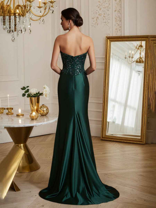 Strapless Mermaid Sequin Long Prom Dress with Slit BMBRIDE