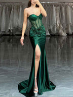 Strapless Mermaid Sheer Bodice Boned Long Prom Dress