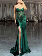 Strapless Mermaid Sheer Bodice Boned Long Prom Dress