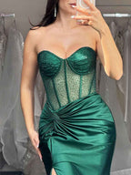 Strapless Mermaid Sheer Bodice Boned Long Prom Dress