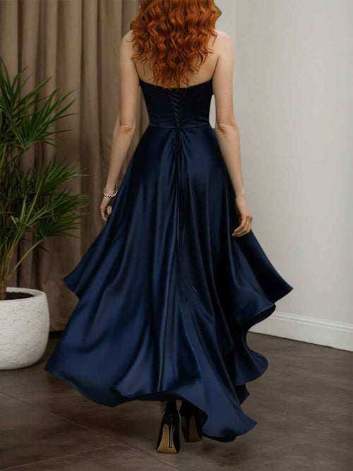 Strapless Navy Satin High-Low Ruffle Ball Gown BMBRIDE