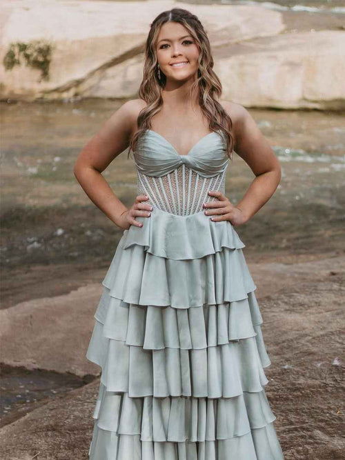 Strapless Pleated Corset Beaded Tiered Long Prom Dress BMBRIDE
