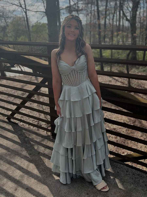Strapless Pleated Corset Beaded Tiered Long Prom Dress BMBRIDE