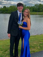 Strapless Pleated Satin Long Prom Dress with Slit